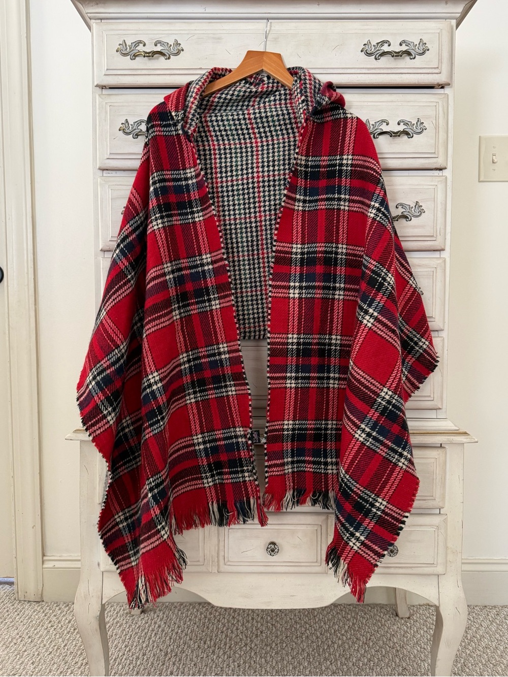 Plaid Houndstooth Reversible Poncho Wrap